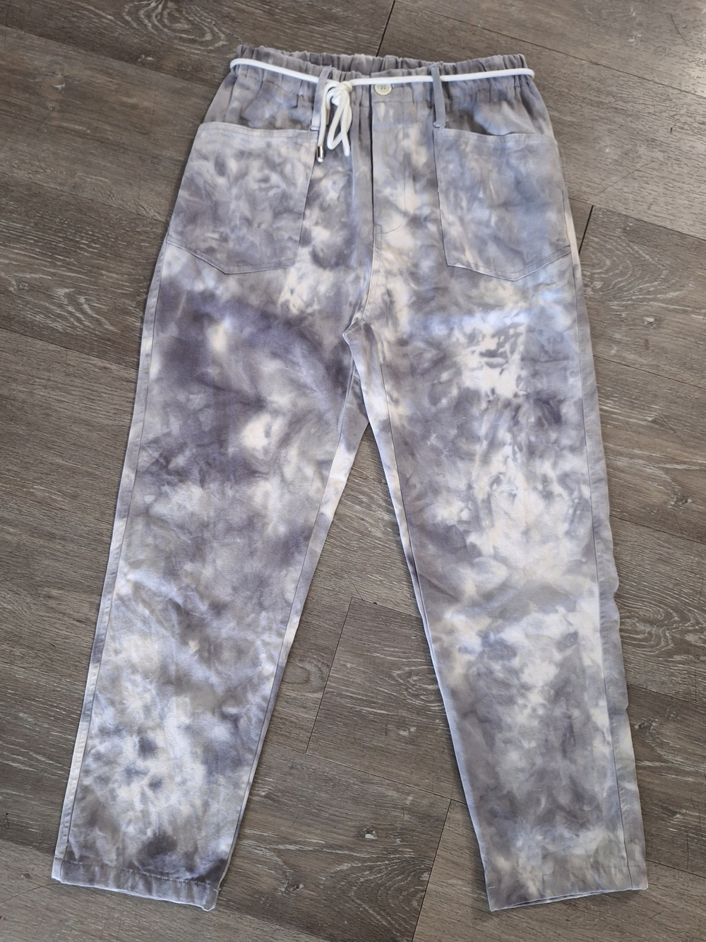 Easel Gray and White Tie-Dye Twill Pants - Relaxed Boho Drawstring-size Medium